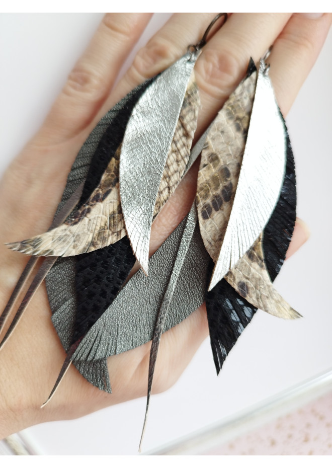 Multi layered earrings made from genuine leather