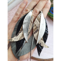 Gray snake print leather feather earrings.
