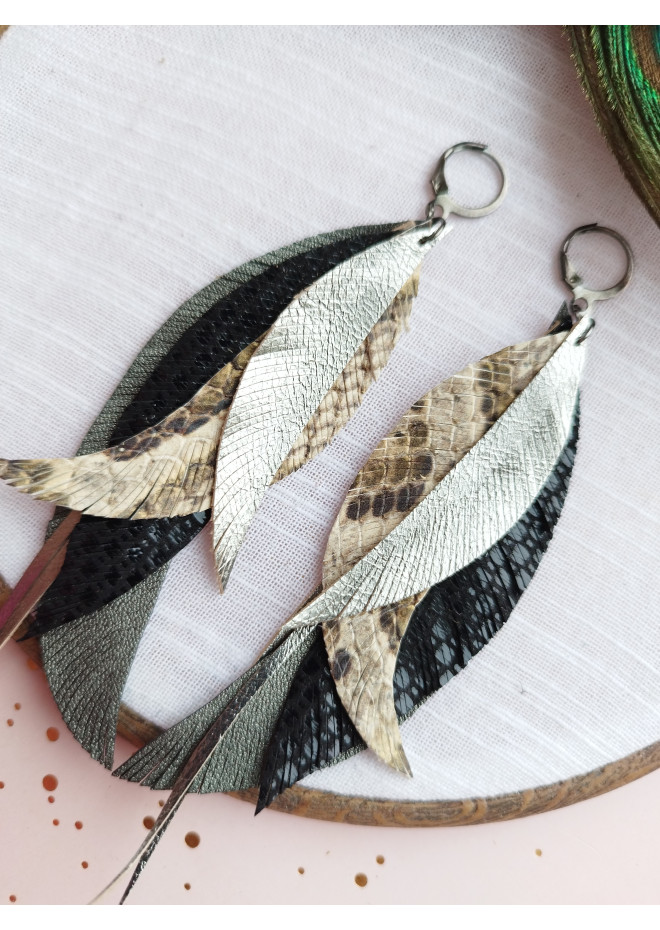 Multi layered earrings made from genuine leather