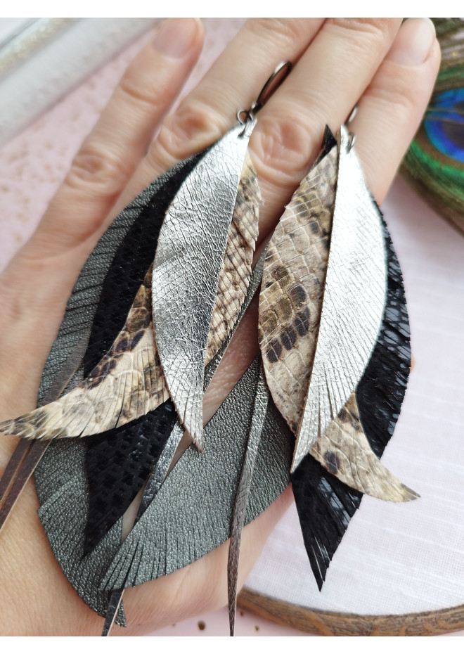 Multi layered earrings made from genuine leather