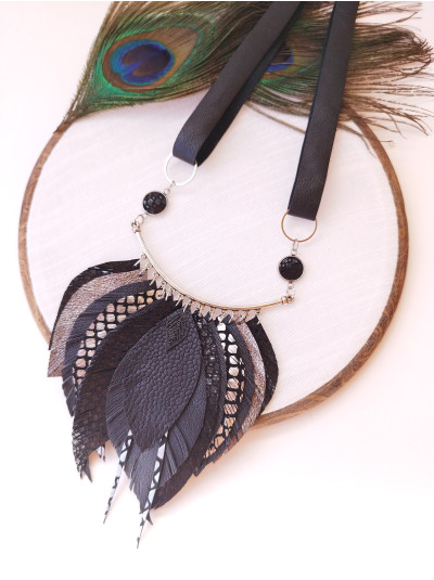 Leather feather necklace,  black bib evening jewelry