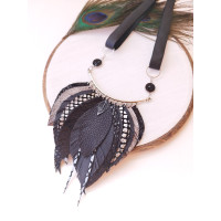 Leather feather necklace,  black bib evening jewelry