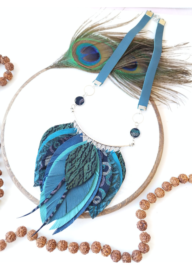 blue bib leather feather necklace