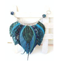 Leather feather necklace teal turquoise blue evening jewelry
