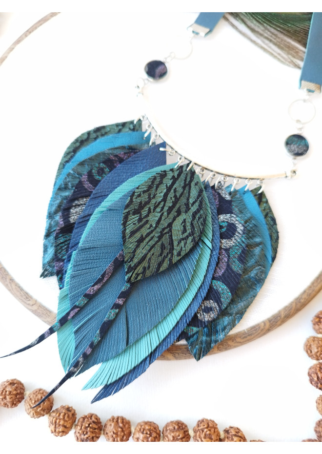 blue bib leather feather necklace