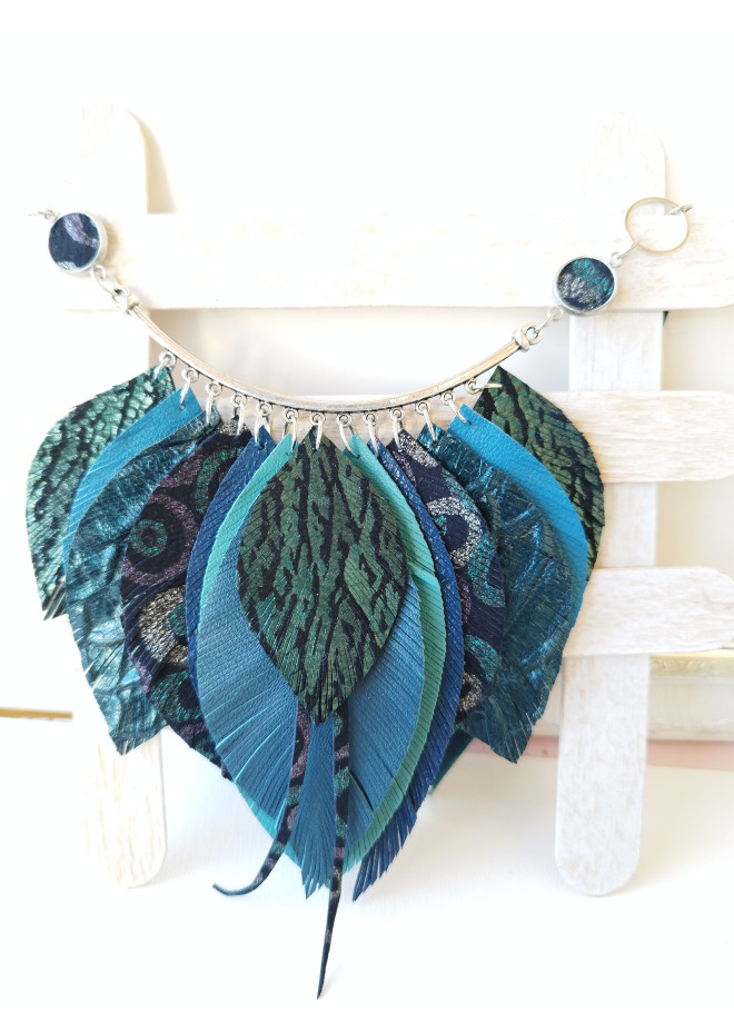blue bib leather feather necklace