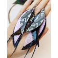 black lilac long leather earrings big feather