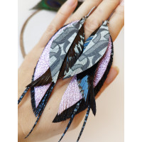 Black lilac long leather feather earrings.