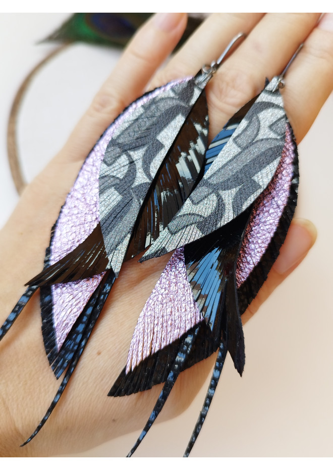black lilac long leather earrings big feather