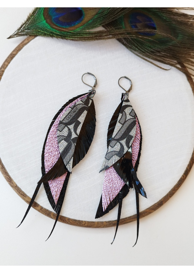 black lilac long leather earrings big feather
