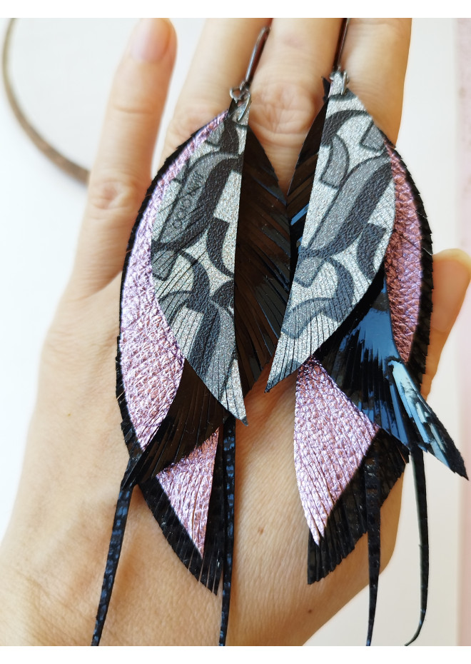 black lilac long leather earrings big feather