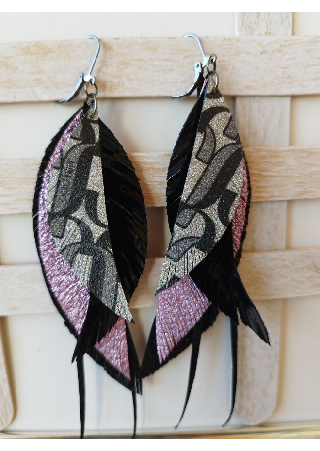 black lilac long leather earrings big feather