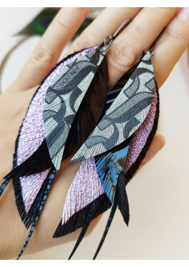 black lilac long leather earrings big feather