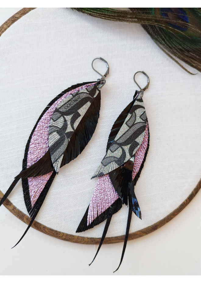 black lilac long leather earrings big feather
