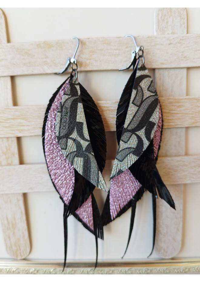black lilac long leather earrings big feather