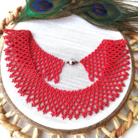 Red collar beaded necklace, traditional Ukrainian beaded sylyanka.