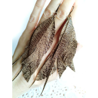 Sparkle dark gold brown long leather feather earrings.