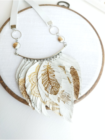 White gold leather feather necklace bib evening jewelry 