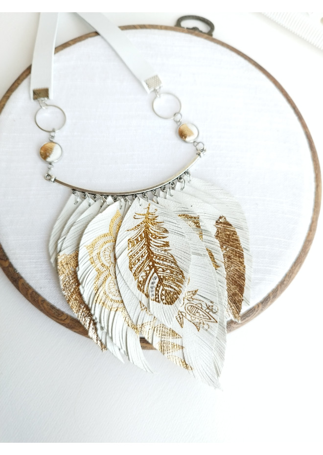 white gold leather feather necklace