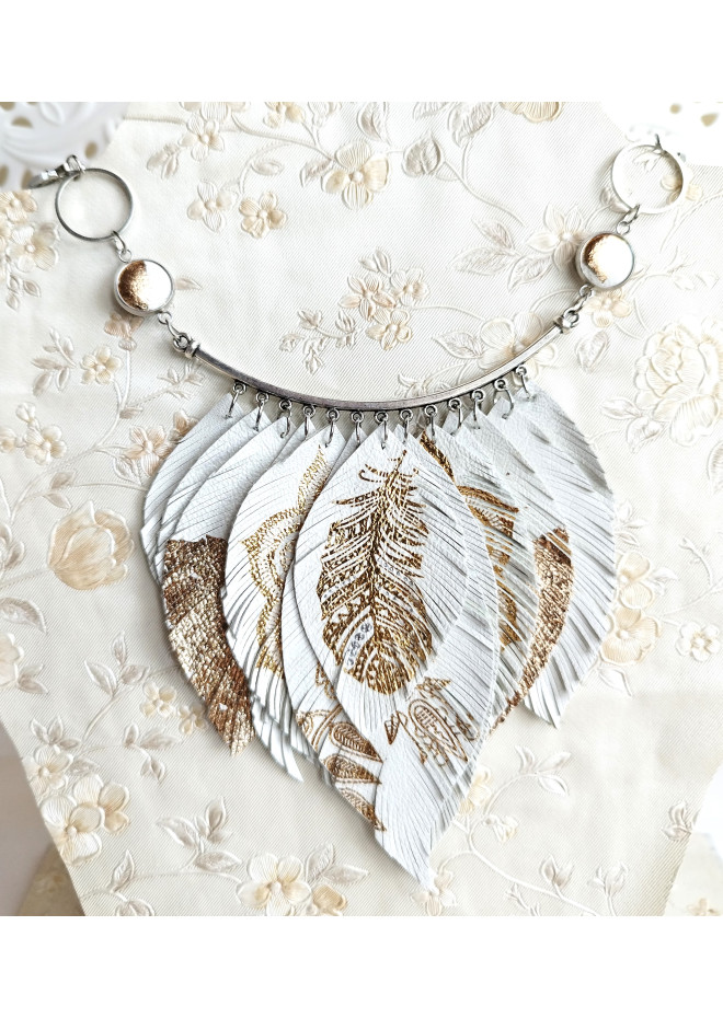 white gold leather feather necklace