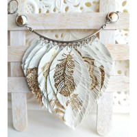 White gold leather feather necklace bib evening jewelry 