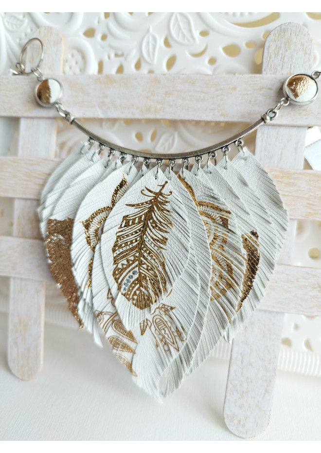 white gold leather feather necklace