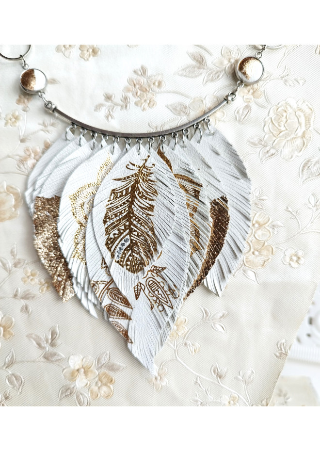 white gold leather feather necklace