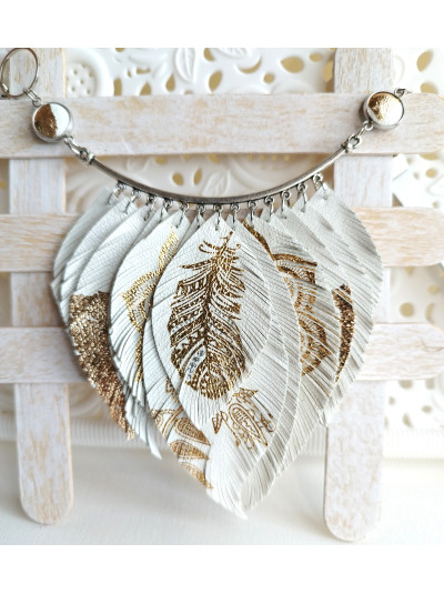 White gold leather feather necklace bib evening jewelry 