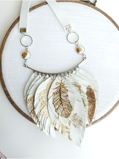 White gold leather feather necklace bib evening jewelry 