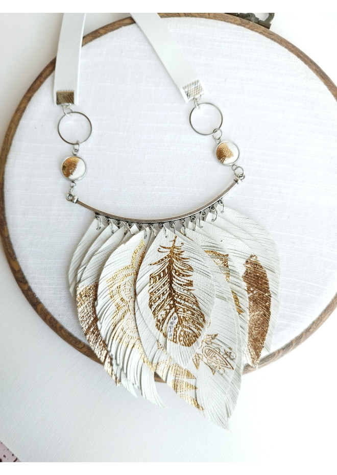 white gold leather feather necklace