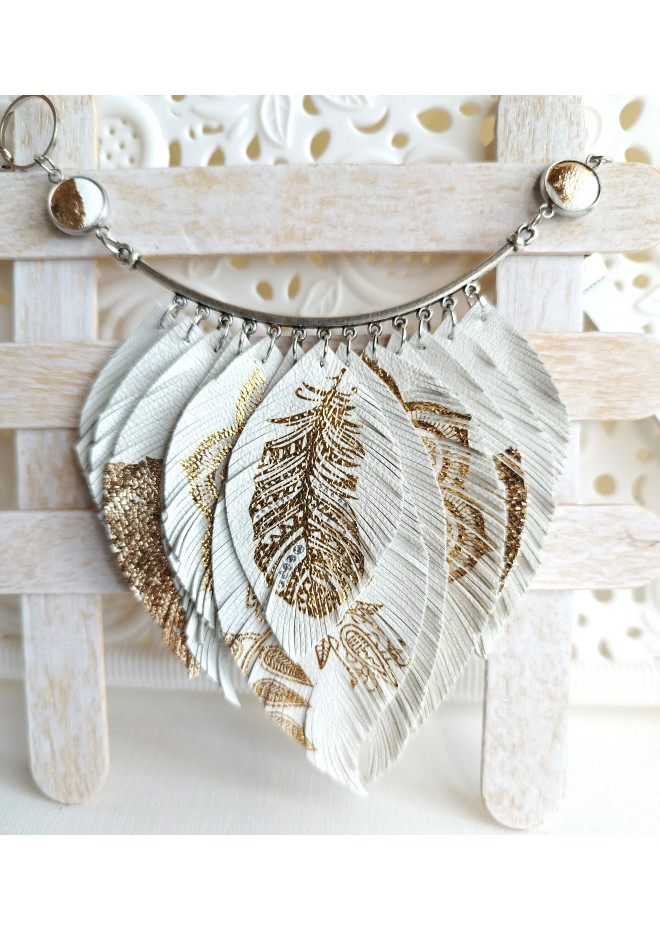 white gold leather feather necklace
