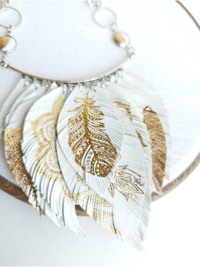 White gold leather feather necklace bib evening jewelry 
