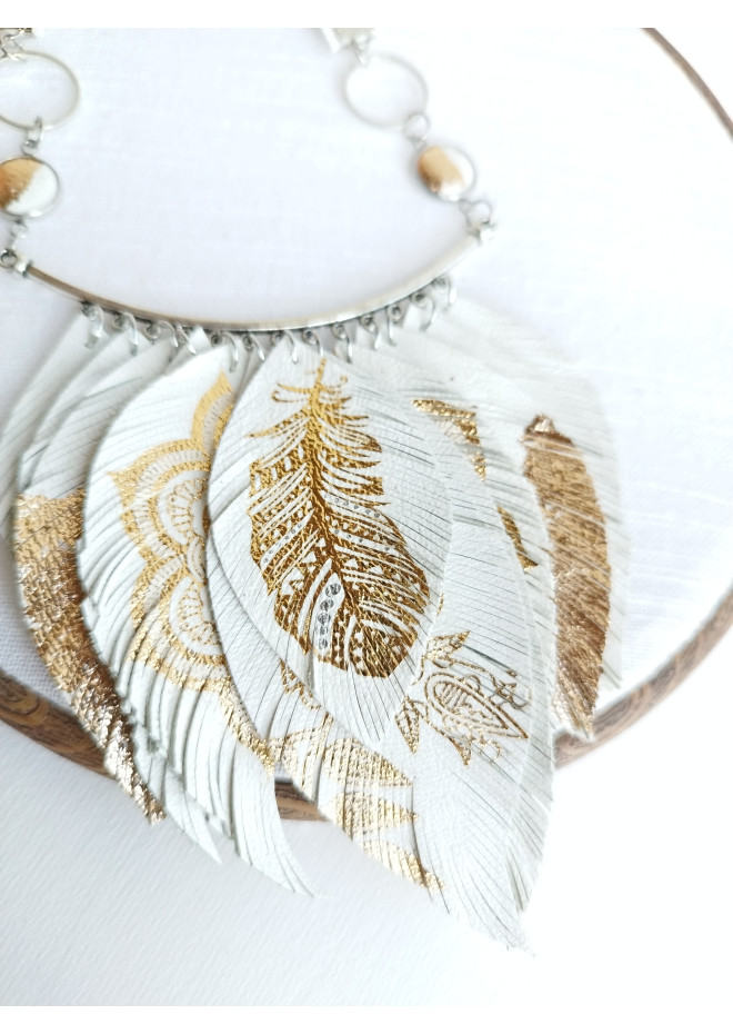white gold leather feather necklace