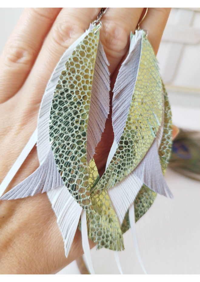 dangle leather feather earrings long white green
