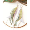 dangle leather feather earrings long white green