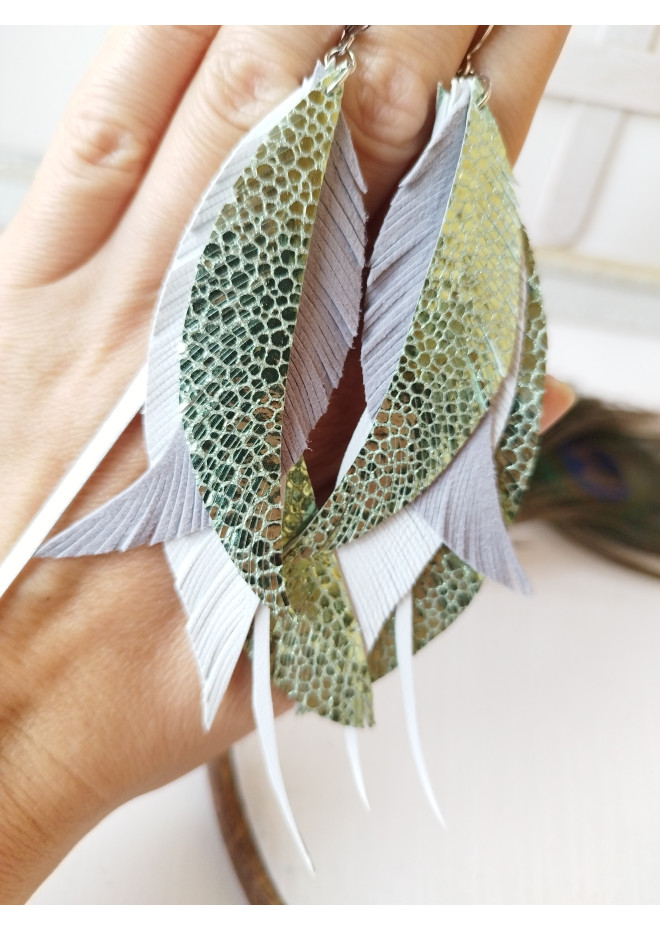 dangle leather feather earrings long white green