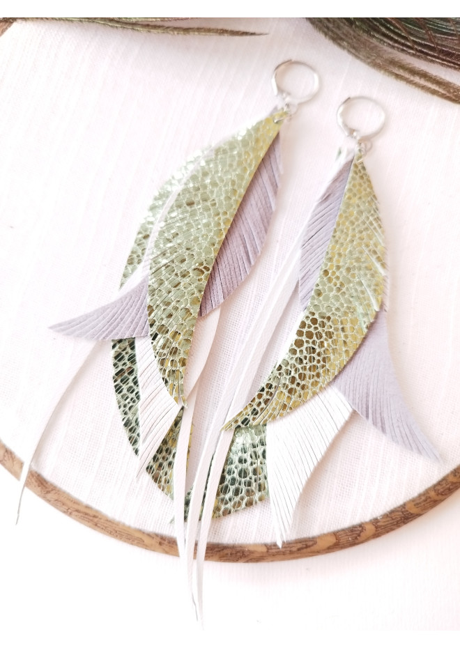 dangle leather feather earrings long white green