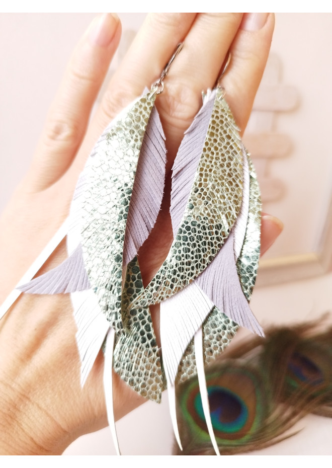 dangle leather feather earrings long white green