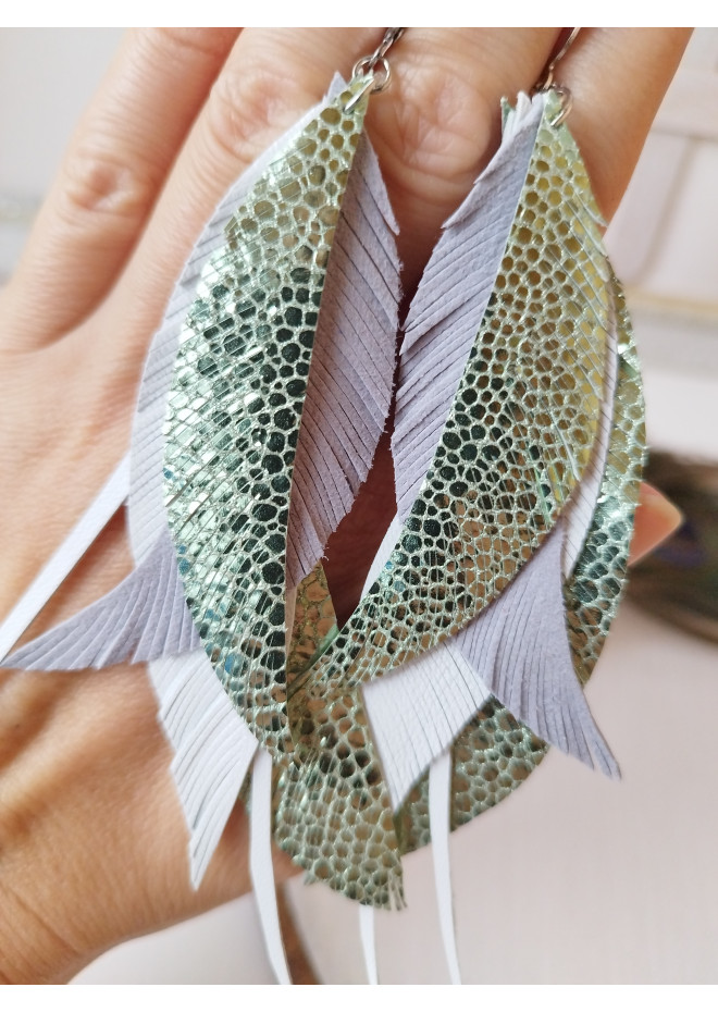 dangle leather feather earrings long white green