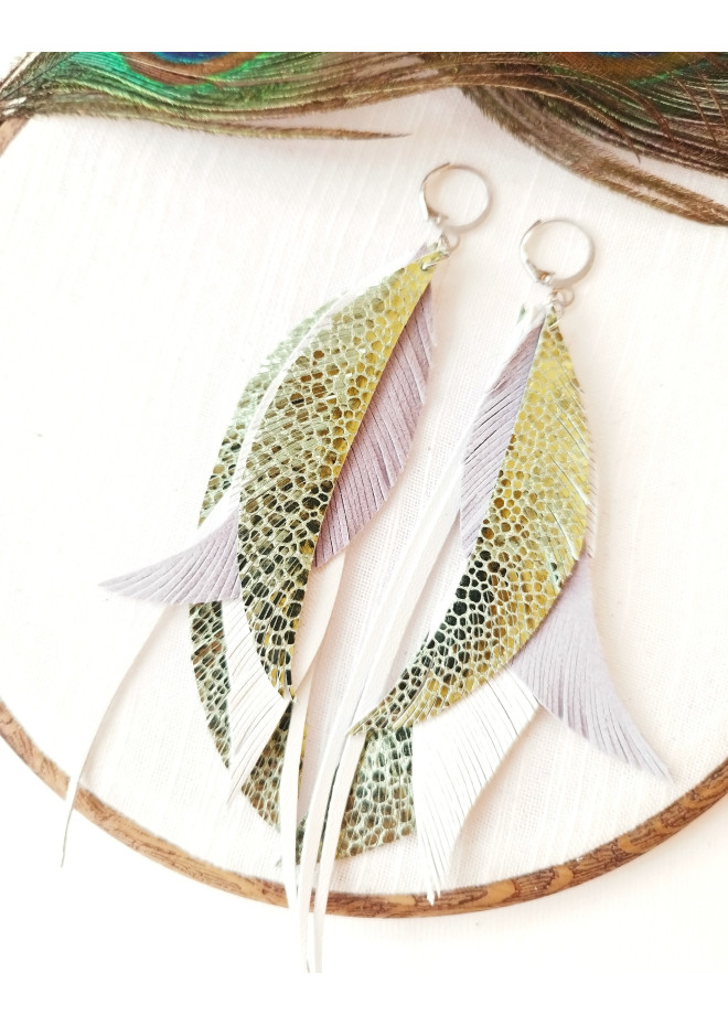 dangle leather feather earrings long white green