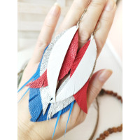 White red blue leather feather earrings.  