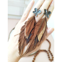 Brown leather feather earrings with chain.
