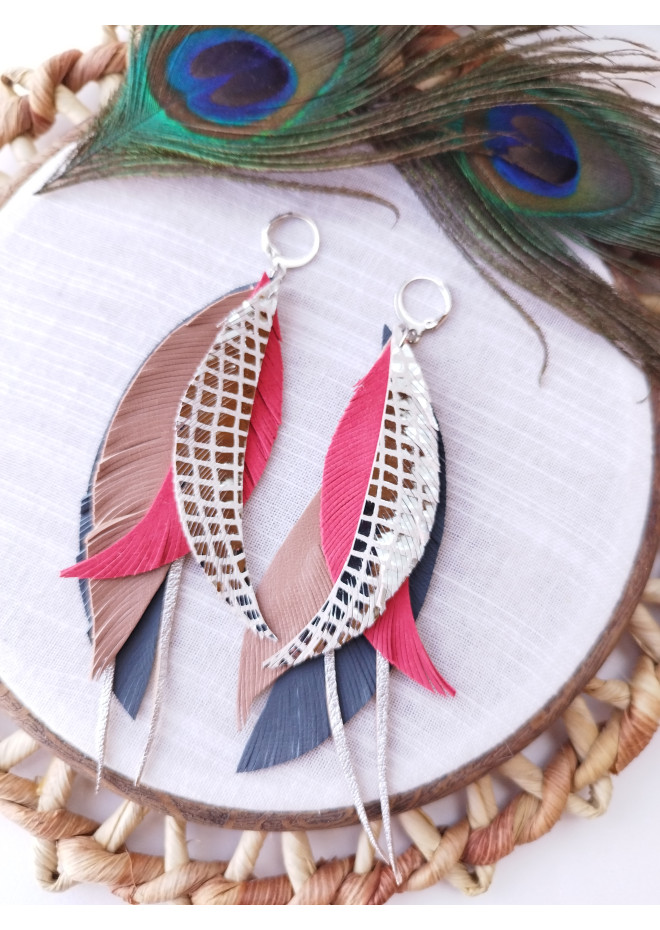 Multi layered earrings made from genuine leather
