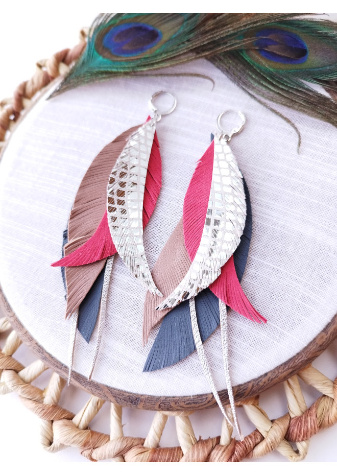 Multi layered earrings made from genuine leather