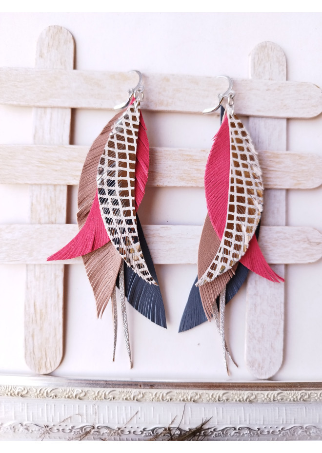 Multi layered earrings made from genuine leather