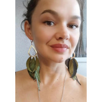 Olive gold extra long leather feather earrings.