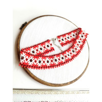 Red beaded choker necklace, traditional Ukrainian beaded sylyanka.