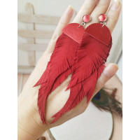 Red extra long suede feather earrings. 
