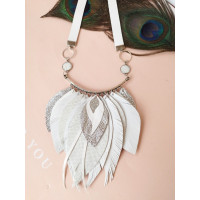 White silver leather feather necklace