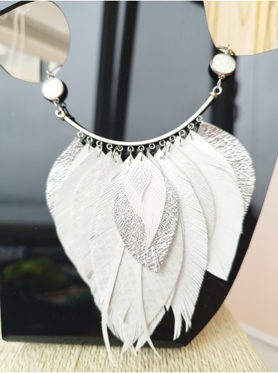 White silver leather feather necklace